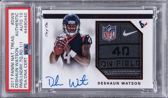 2017 Panini National Treasures Colossal Signatures Red (RPA) #DWS Deshaun Watson Signed Laundry Tag/NFL Logo Patch Rookie Card (#1/1) – PSA Authentic, PSA/DNA 10